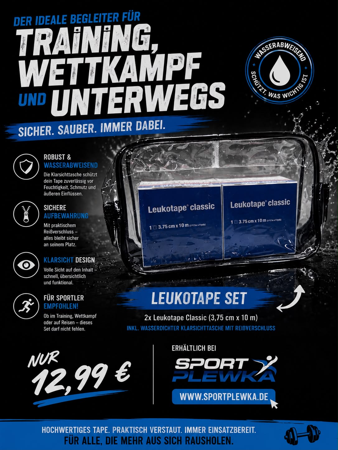 2x BSN Leukotape Classic 3,75cmx10m mit wasserdichter Tasche